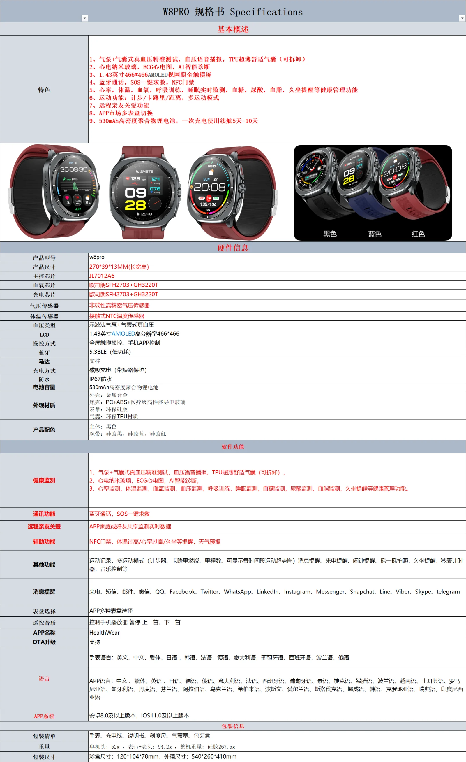 赛电w8pro手表规格书配图