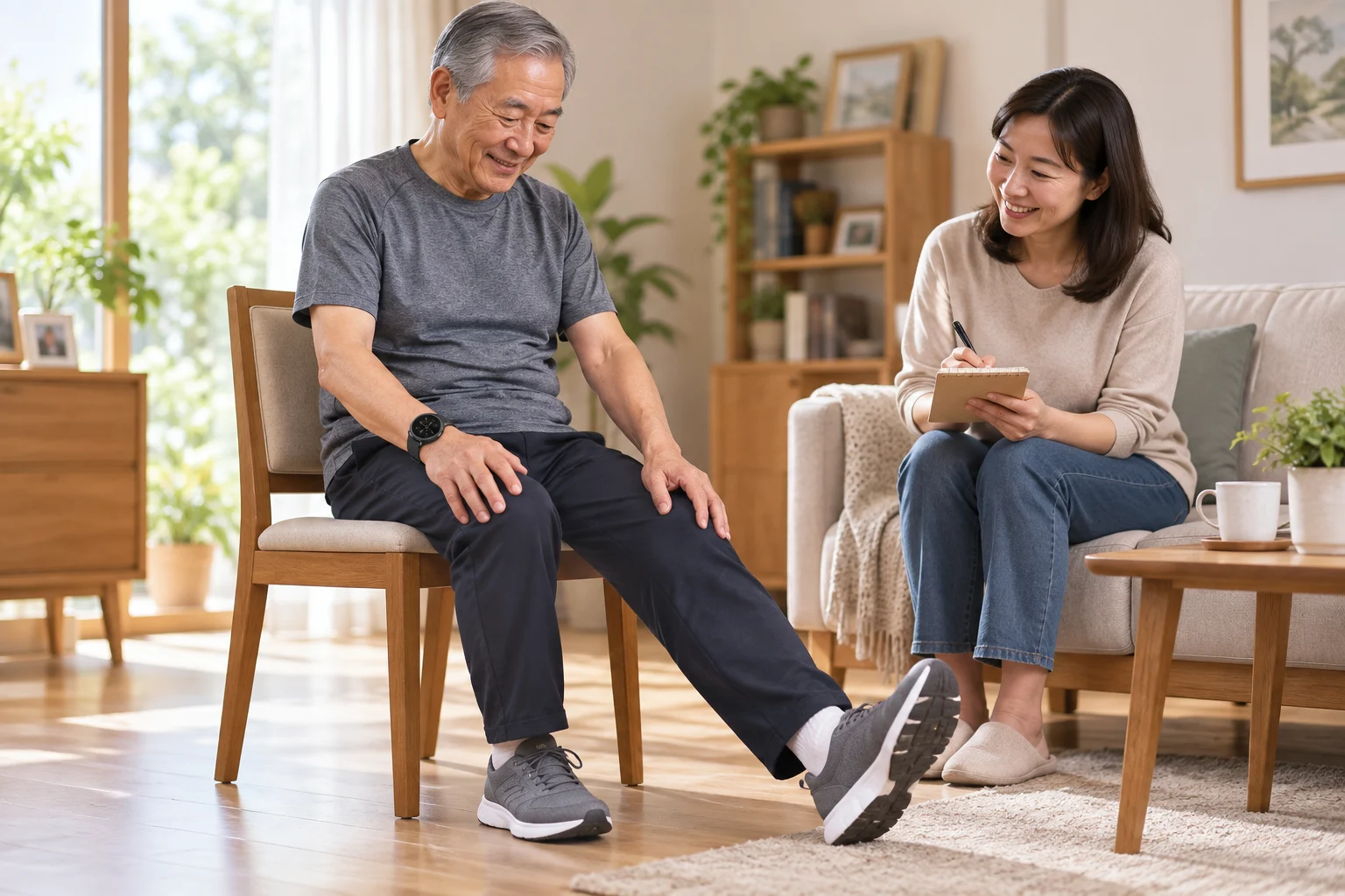 腿没劲先从椅子旁的三个动作开始——利用稳固支撑练习起坐提踵和抬脚配图